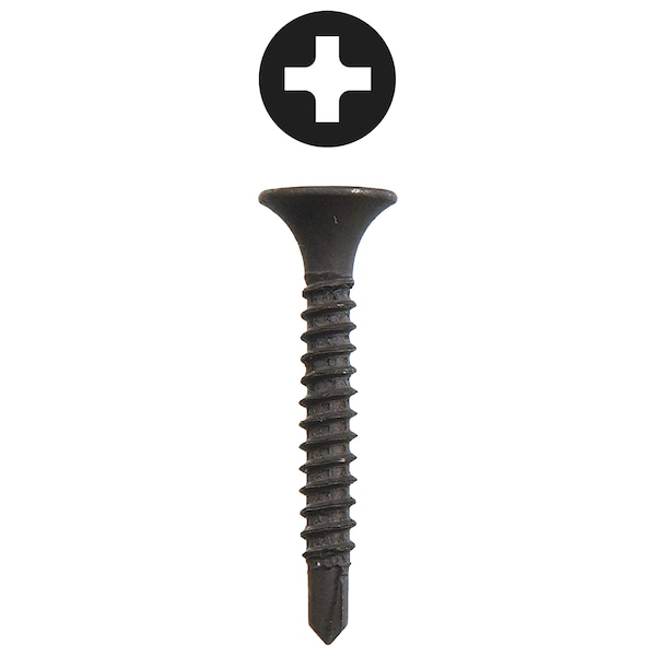 Drywall Screw, #6 x 1-1/4 in, Carbon Steel, Flat Head Phillips Drive, 500 PK